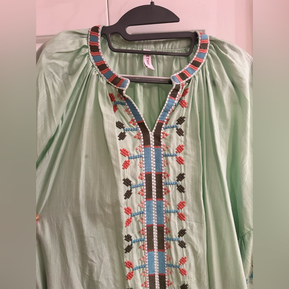 Ethnic Boho Chic Embroidered Maxi Dress | Green Floral Folk Aesthetic Size L - Picture 7 of 9